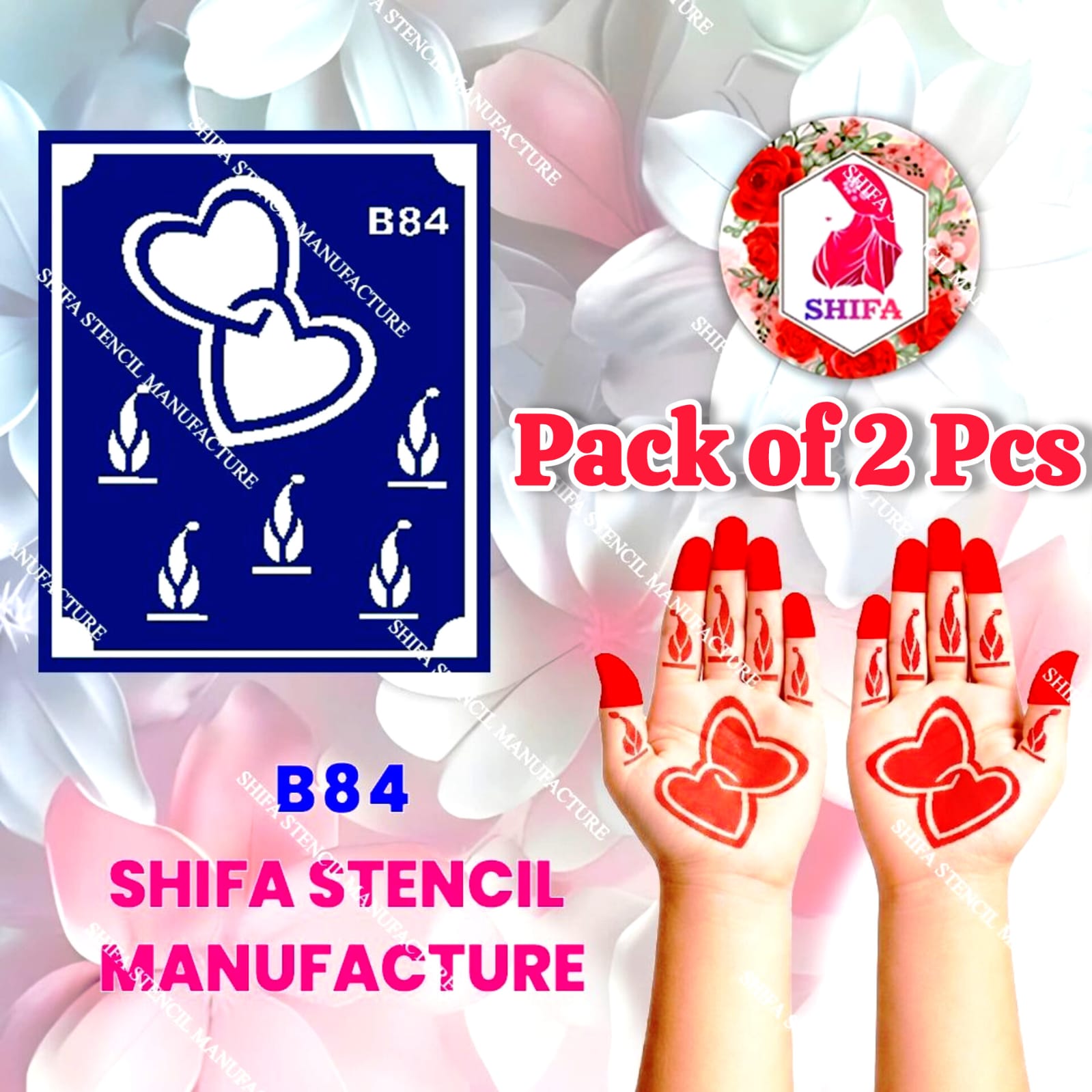 B84 (age 5 to 10) Twin Flame Hearts Design Double Hand Henna Stencil - Shifa Stencil